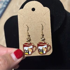 Cats In Coffee Cup Earrings, Cool Funky Quirky Cats In A Cup Dangle Earrings